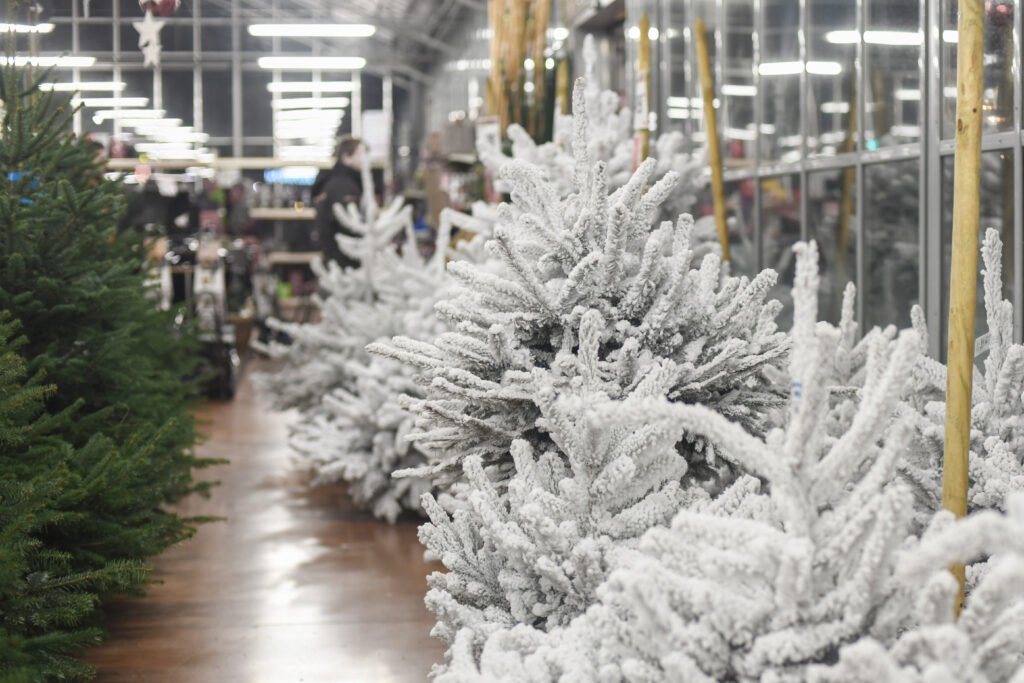 Sapin artificiel enneigé floqué blanc 4 mètres boutique sport montagne vitrine commerce indépendant décoration Noël haut de gamme Île-de-France