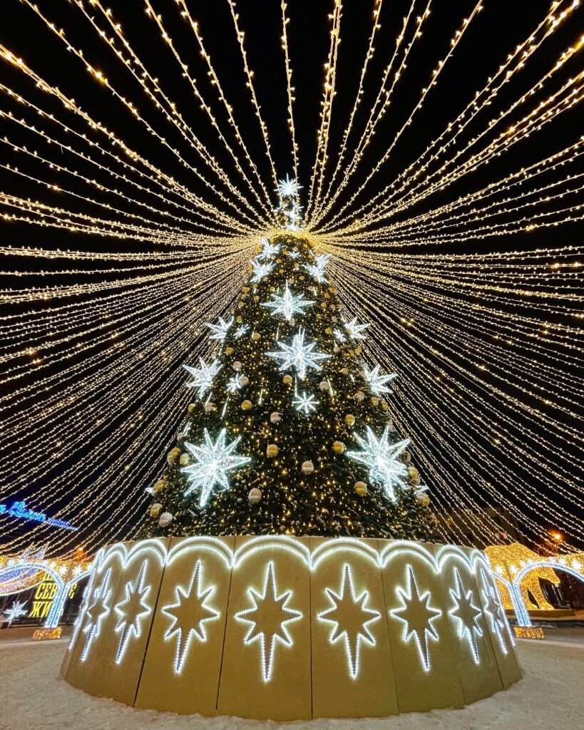 Sapin artificiel géant 10 mètres extérieur ville illuminé LED blanc froid 5000 lumières décoration Noël commune place publique Île-de-France Picardie